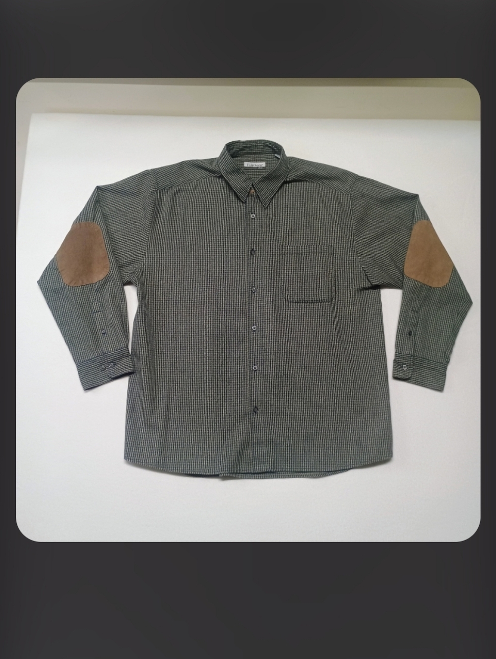Firethorn Men's XL Green Check Button-Up Shirt with Brown Elbow Patches